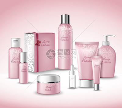 虚拟与现实的交汇 3D豪华化妆品美容护理产品包集矢量插图设计